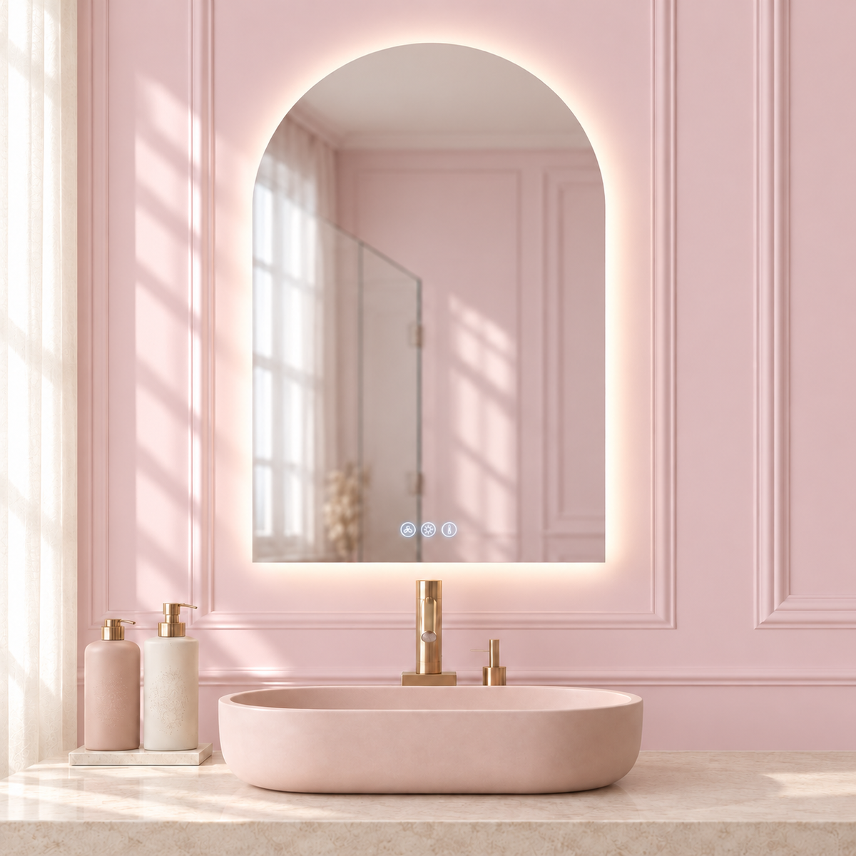 Elara Mist Mirror in a soft blush pink setting