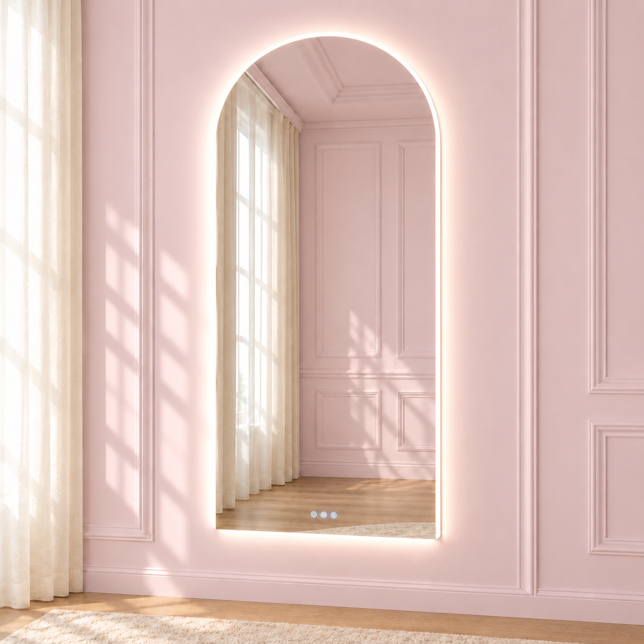 Elara Wall Mirror in a soft blush pink setting