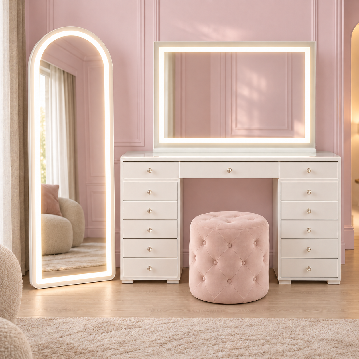 Paris Collection white makeup vanity with LED mirrors and blush pink stool