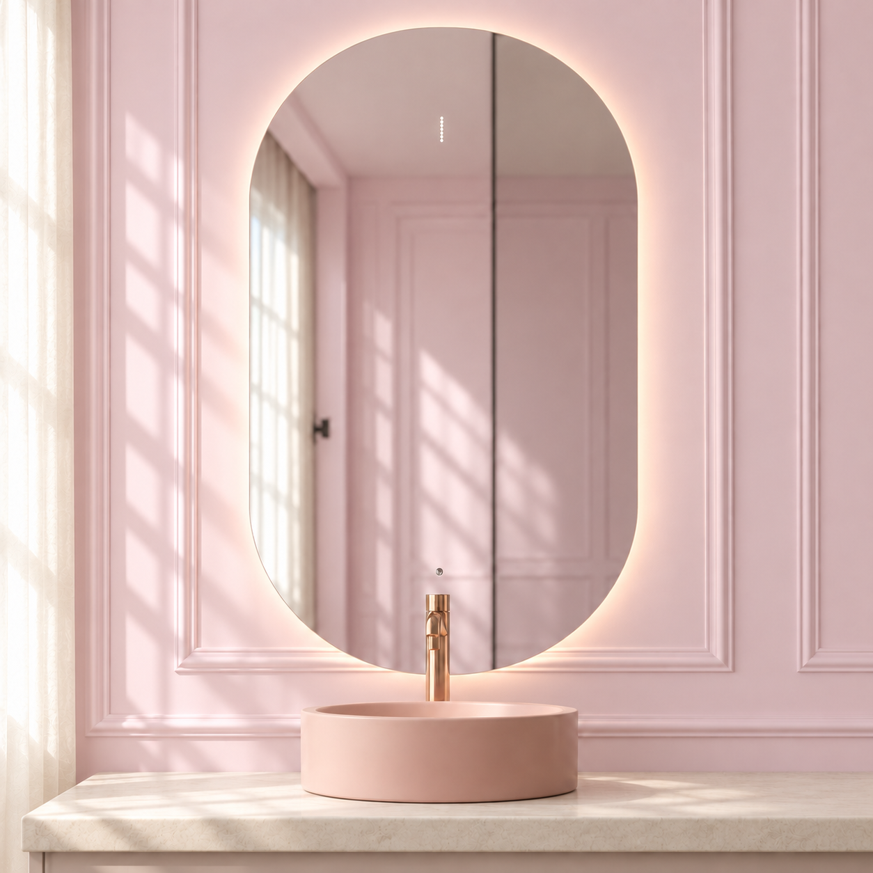 Pixie Glow Pill Mirror in a soft blush pink setting
