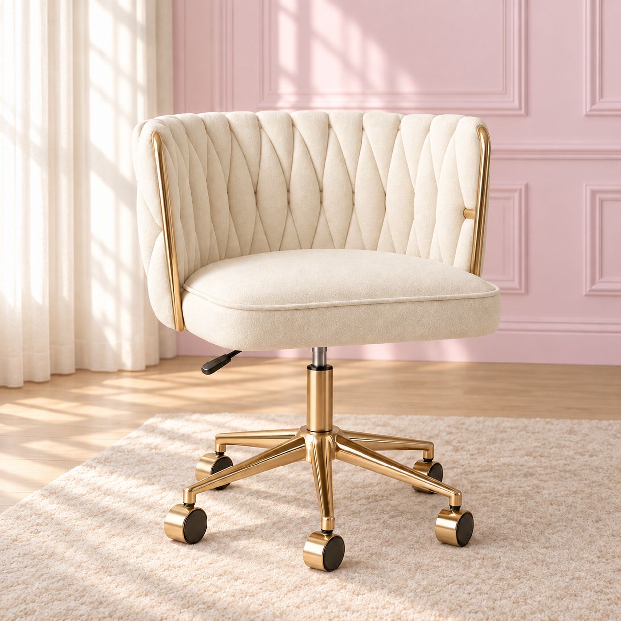 Vanity Vault's Goldie Luxe velvet vanity chair with gold legs, shown in Vanity Vault's own product photography