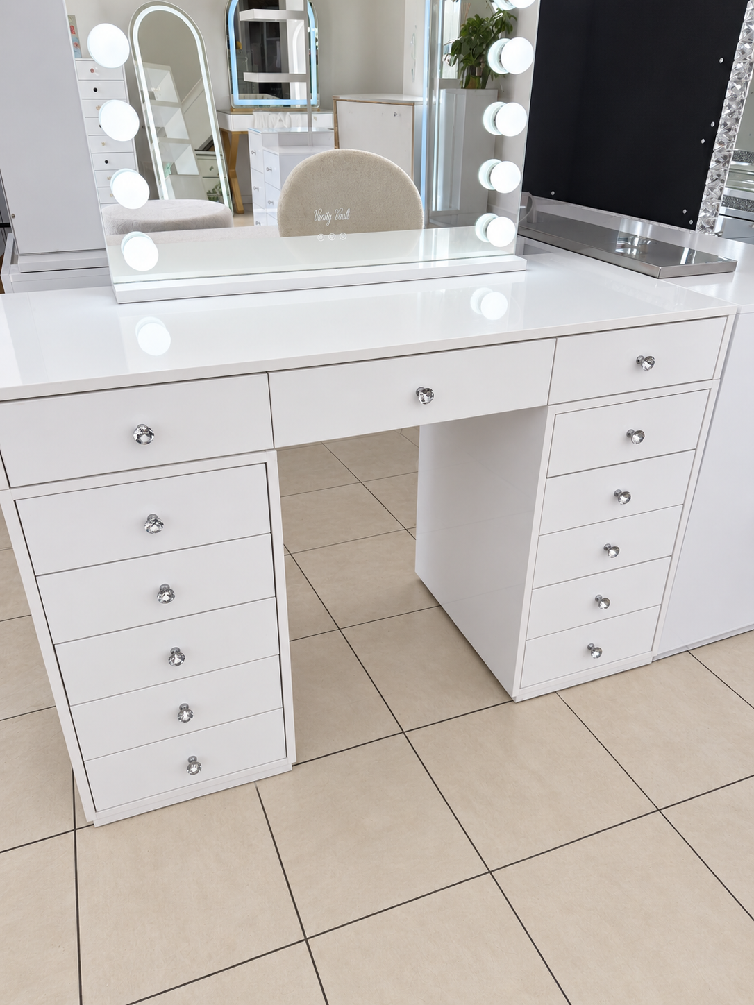 Vanity Vault Mini Dollface showroom photo of solid-top finish; check the selected glass-top variant and package inclusions separately