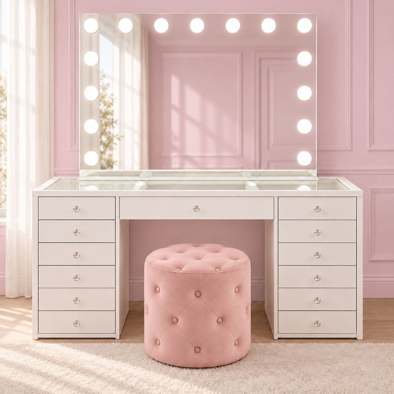 Vanity Vault Luna Luxe vanity package with Hollywood mirror and pink seat