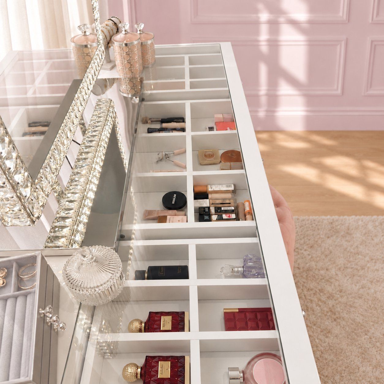 Vanity Vault's own photograph of the Dollface glass top with drawer dividers beneath; mirror and accessories pictured are separate