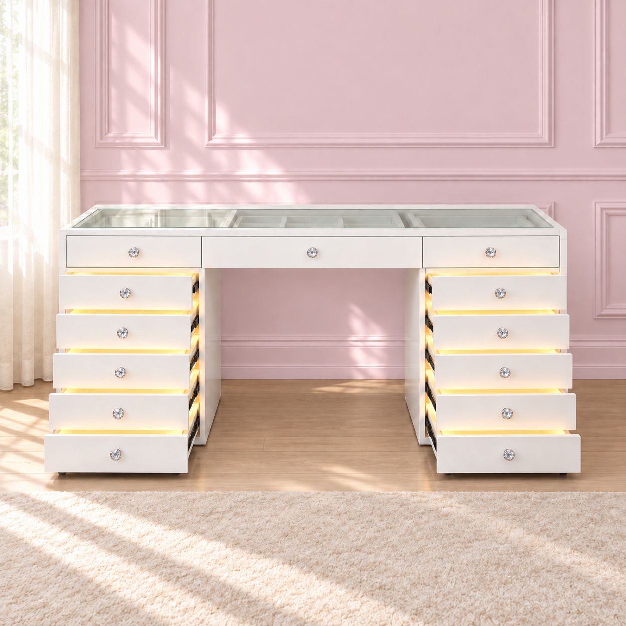 Vanityvault Deluxe Vanity with glass top and illuminated open drawers