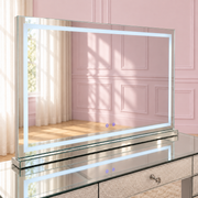 120cm LED vanity mirror with built-in Bluetooth speakers, three light settings, dimmable LED strip lighting and a modern mirrored frame for luxury makeup spaces.