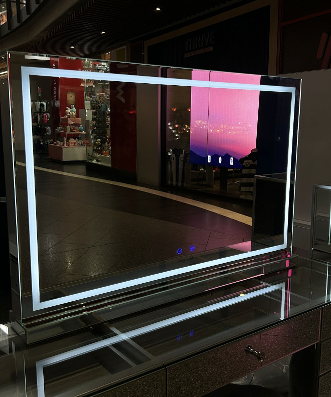 120cm LED vanity mirror with built-in Bluetooth speakers, three light settings, dimmable LED strip lighting and a modern mirrored frame for luxury makeup spaces.