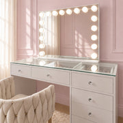 120cm Mini Deluxe makeup vanity table with a flush glass top, smooth-glide drawers, crystal-style knobs and generous storage for makeup, skincare and beauty essentials.