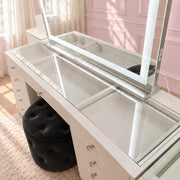 150cm makeup vanity table with dual drawer towers, centre drawer, crystal-style knobs and a premium high-gloss finish for organising makeup, skincare and beauty essentials.