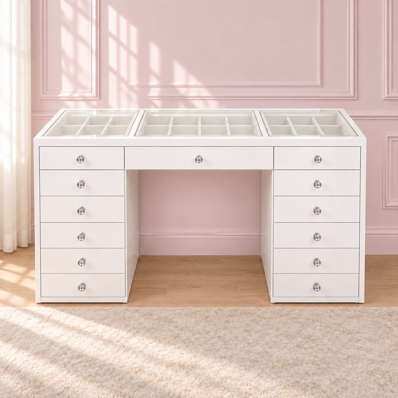 The Dollface Vanity in a soft blush pink setting
