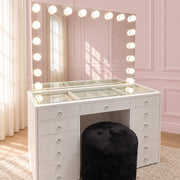Glass top storage compartment on the Mini Dollface Makeup Vanity