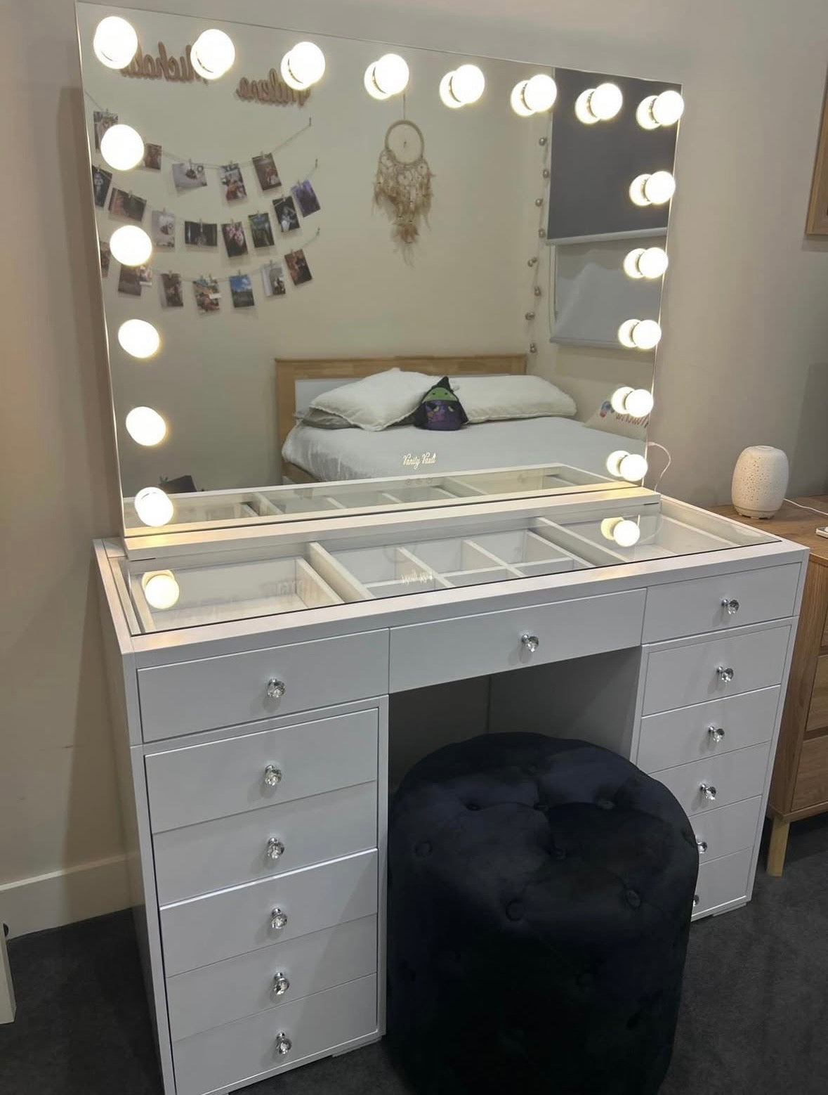 Glass top storage compartment on the Mini Dollface Makeup Vanity