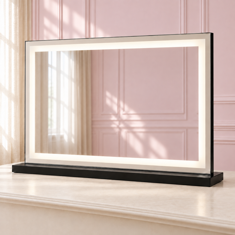 The Nova Mirror: Black Edition in a soft blush pink setting