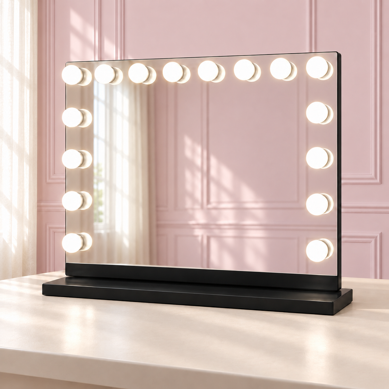 The Seraphina Mirror: Black Edition in a soft blush pink setting