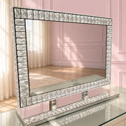Angel Magic Diamond LED mirror with a sparkling diamond-encrusted frame, soft ambient LED lighting, dimmable brightness and three light settings for makeup vanities, bedrooms and beauty rooms by Vanity Vault.