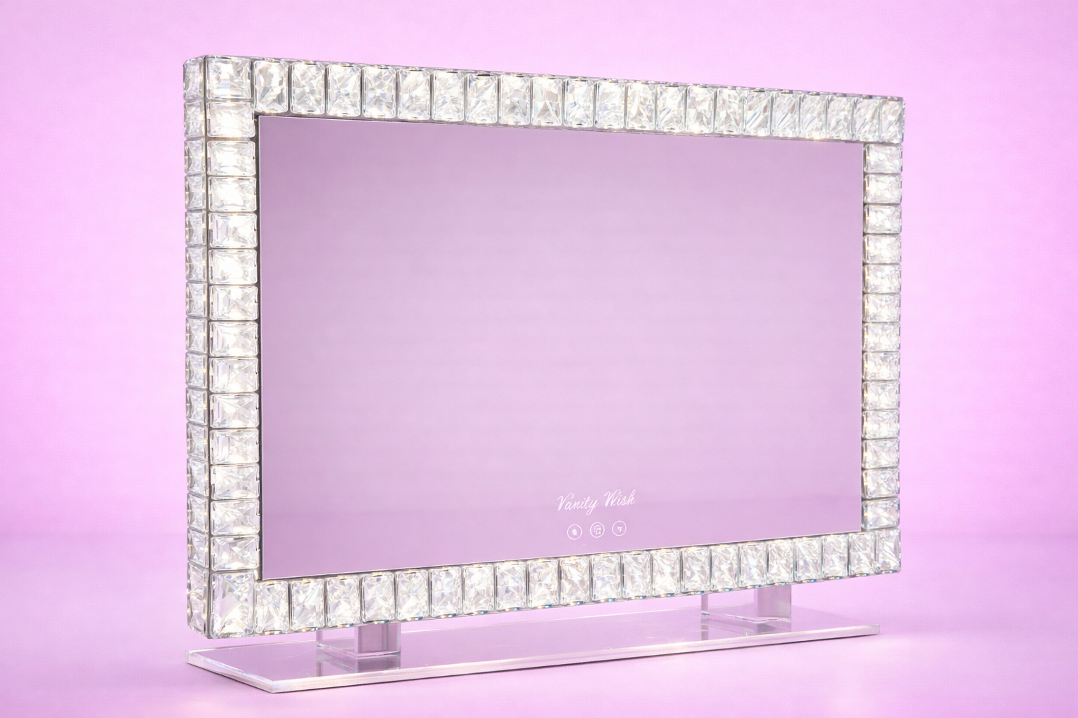 Angel Magic Diamond LED mirror with a sparkling diamond-encrusted frame, soft ambient LED lighting, dimmable brightness and three light settings for makeup vanities, bedrooms and beauty rooms by Vanity Vault.