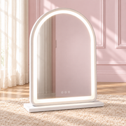 Arched Hollywood mirror with dimmable LED lighting, USB and Type-C charging ports, available in gold or white for makeup vanities, bedrooms and beauty rooms.
