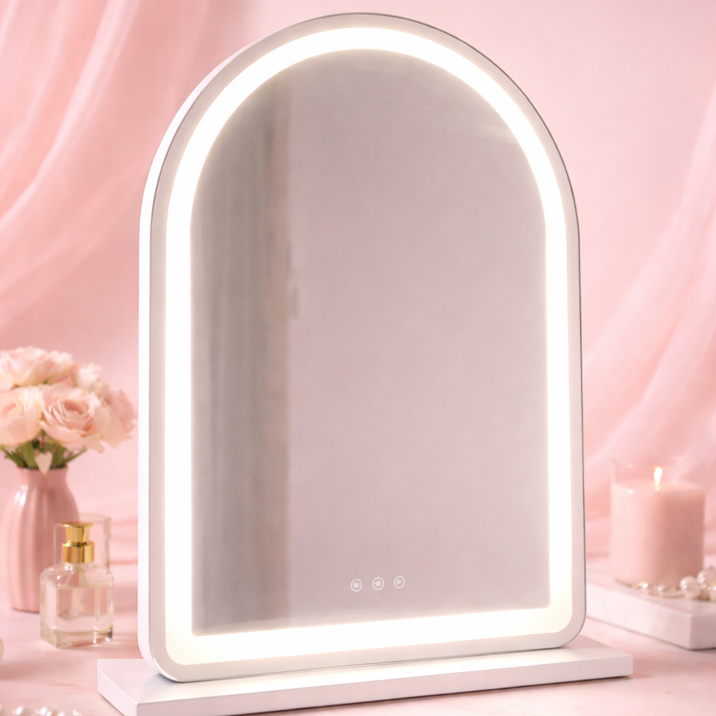 Arched Hollywood mirror with dimmable LED lighting, USB and Type-C charging ports, available in gold or white for makeup vanities, bedrooms and beauty rooms.