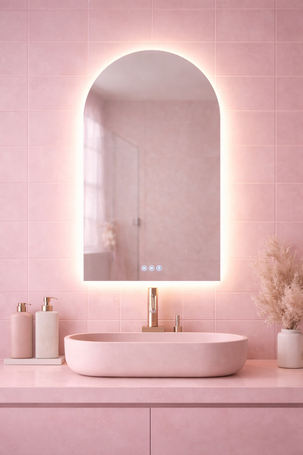 Arched LED bathroom mirror with anti-fog demister, built-in Bluetooth speaker, adjustable warm, cool and neutral lighting, and touch controls.
