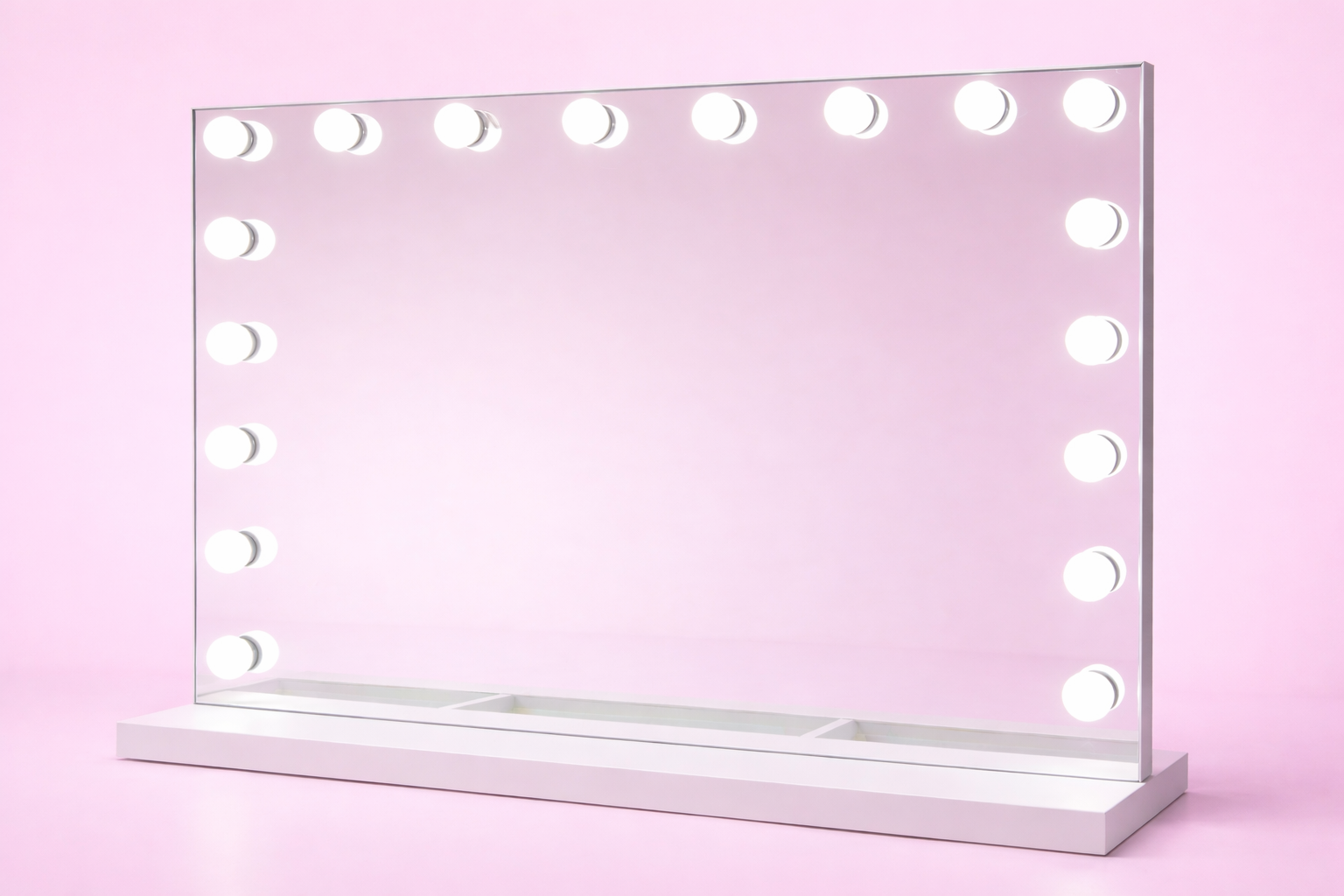 Aurora Dream Hollywood makeup mirror with 18 LED bulbs, three adjustable light settings, dimmable brightness, USB and USB-C charging ports and a luxury oversized design for makeup vanities, beauty rooms and dressing tables by Vanity Vault.