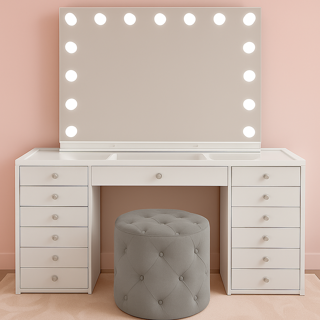 BabyFace Luna Luxe vanity package featuring the BabyFace makeup vanity, Luna Luxe Hollywood Mirror and Marshmellow Ottoman for a complete luxury beauty room.