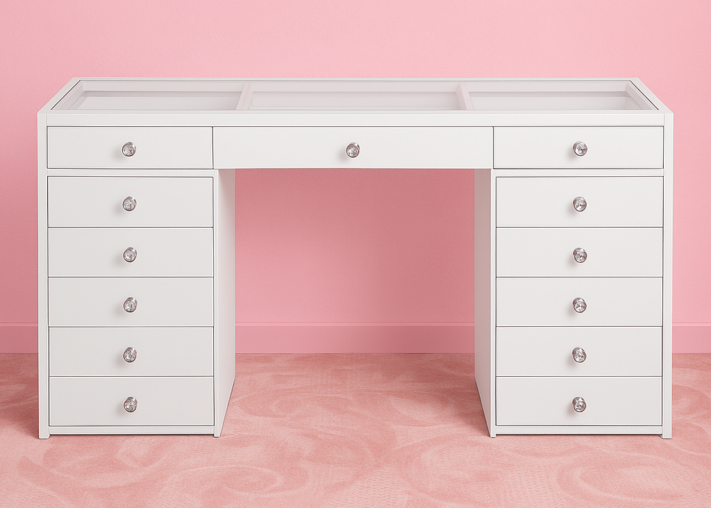 BabyFace makeup vanity with a premium high-gloss white finish, glass or solid white top, spacious storage drawers and crystal-style knobs for bedrooms, dressing tables and beauty rooms by Vanity Vault.