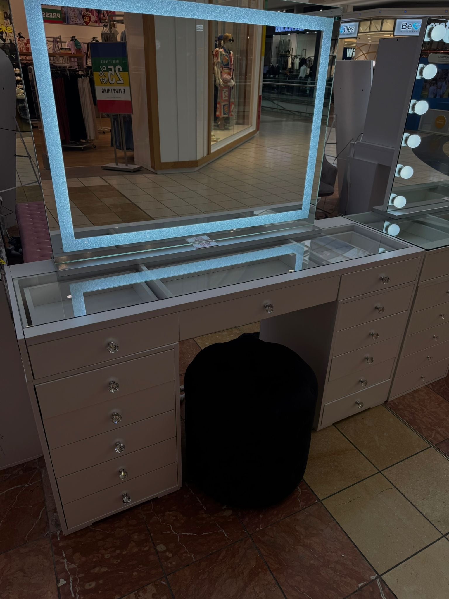 BabyFace makeup vanity with a premium high-gloss white finish, glass or solid white top, spacious storage drawers and crystal-style knobs for bedrooms, dressing tables and beauty rooms by Vanity Vault