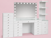 Complete makeup vanity package featuring the Babyface vanity, Aurora Dream LED mirror, Scarlett Sky tower and Harmony 9 drawer tower for organised beauty storage.