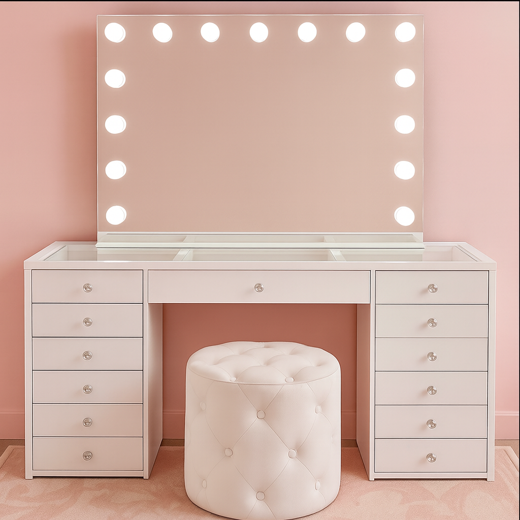 BabyFace vanity package with the Luna Luxe Hollywood Mirror and Marshmellow Ottoman, creating a complete luxury makeup station for bedrooms, dressing rooms and beauty spaces.