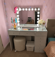 Premium Essentials Collection Mini Edition makeup vanity package in Australia featuring a Mini Vanity Desk, Seraphina LED Hollywood Mirror and Marshmellow Ottoman for luxury beauty rooms and smaller spaces by Vanity Vault.