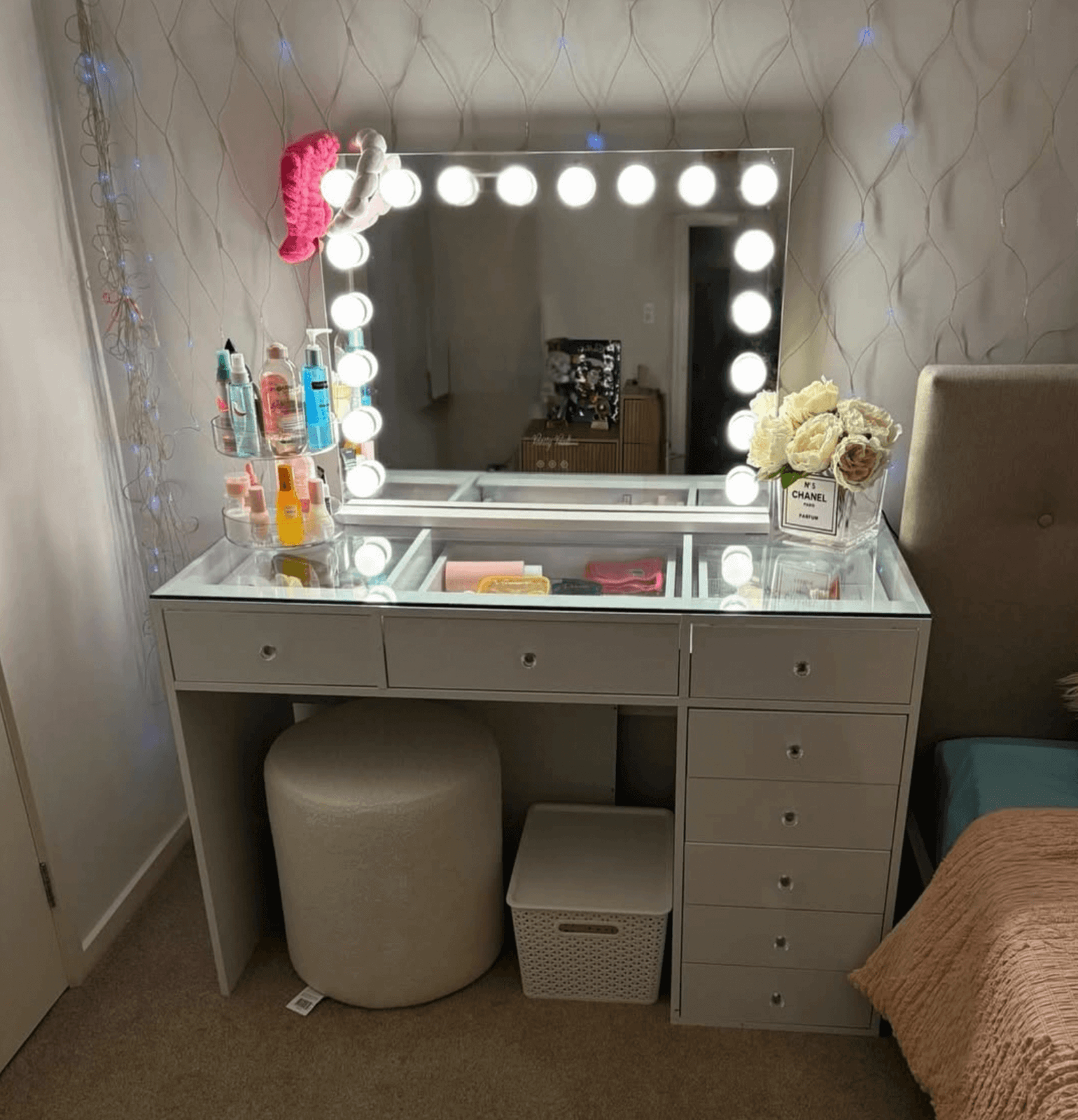 Premium Essentials Collection Mini Edition makeup vanity package in Australia featuring a Mini Vanity Desk, Seraphina LED Hollywood Mirror and Marshmellow Ottoman for luxury beauty rooms and smaller spaces by Vanity Vault.