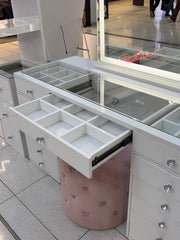 Premium Dollface Collection makeup vanity package in Australia featuring the Dollface Vanity, Luna Luxe Hollywood Mirror and Marshmellow Ottoman for luxury beauty rooms and dressing spaces by Vanity Vault.