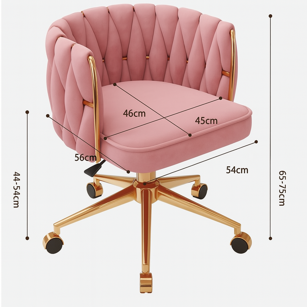 Goldie Luxe velvet vanity chair with elegant gold legs, a plush cushioned seat and a luxury design for makeup vanities, dressing tables, bedrooms and beauty rooms by Vanity Vault.