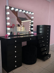 Luxury black makeup vanity package with a Black Out Beauty vanity, Black Luna Luxe Hollywood Mirror, matching drawer towers and ottoman for modern beauty rooms and bedrooms.