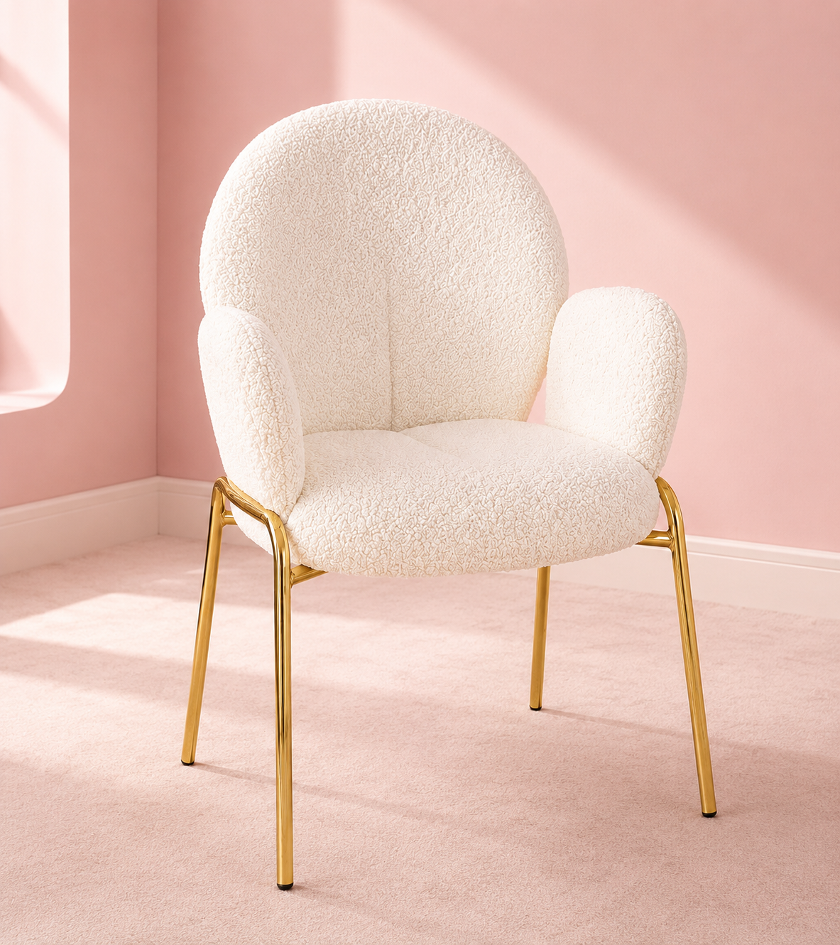Candy Cloud Lounge Seat in white bouclé fabric with a plush curved design, padded cushioning and modern silhouette for makeup vanities, bedrooms and beauty rooms by Vanity Vault.