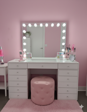 Compact BabyFace vanity package with the Luna Luxe Hollywood Mirror and Marshmellow Ottoman, perfect for bedrooms, apartments, first beauty rooms and stylish makeup stations.