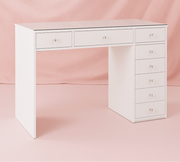 Compact makeup vanity package with a Mini Vanity Desk, Seraphina LED Hollywood Mirror and Marshmellow Ottoman, perfect for bedrooms, apartments and smaller beauty spaces.