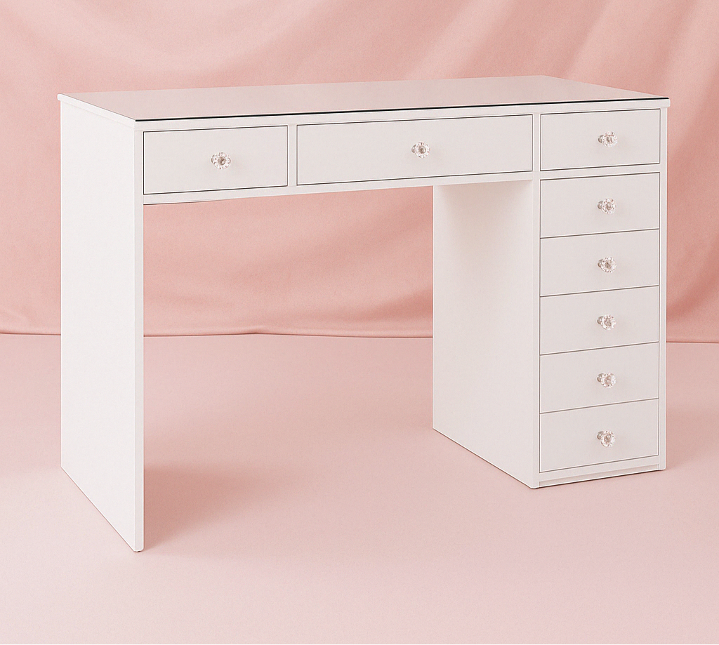 Compact makeup vanity package with a Mini Vanity Desk, Seraphina LED Hollywood Mirror and Marshmellow Ottoman, perfect for bedrooms, apartments and smaller beauty spaces.