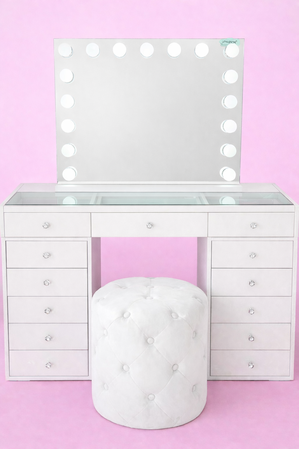 Premium compact vanity package in Australia featuring the Mini Dollface Vanity, Seraphina LED Hollywood Mirror and Marshmellow Ottoman for luxury beauty rooms and smaller spaces.