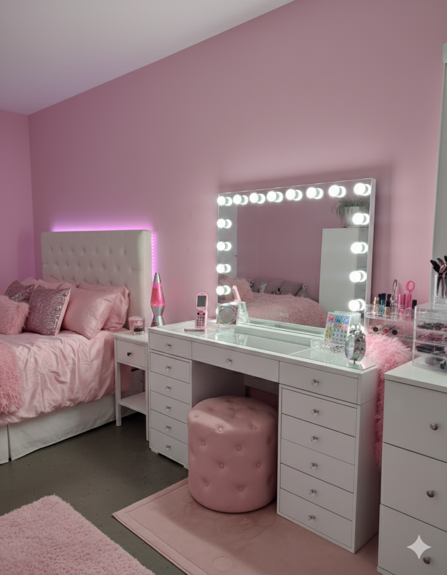 Complete beauty room furniture package featuring the BabyFace Vanity, Luna Luxe Hollywood Mirror and Marshmellow Ottoman, designed to create a stylish and organised makeup station.