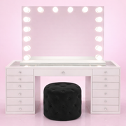 Complete Hollywood vanity package featuring a spacious makeup vanity, LED Hollywood mirror and matching vanity stool for the ultimate beauty station.