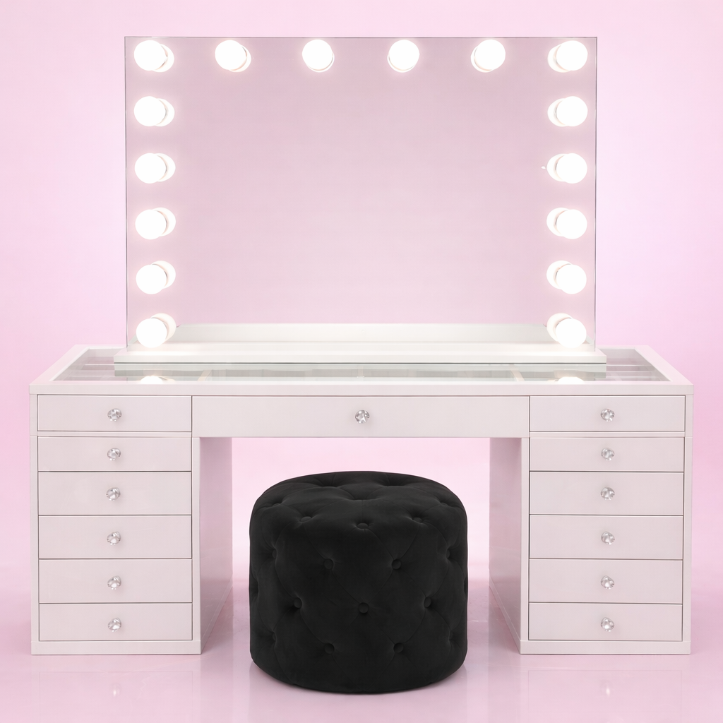 Complete Hollywood vanity package featuring a spacious makeup vanity, LED Hollywood mirror and matching vanity stool for the ultimate beauty station.