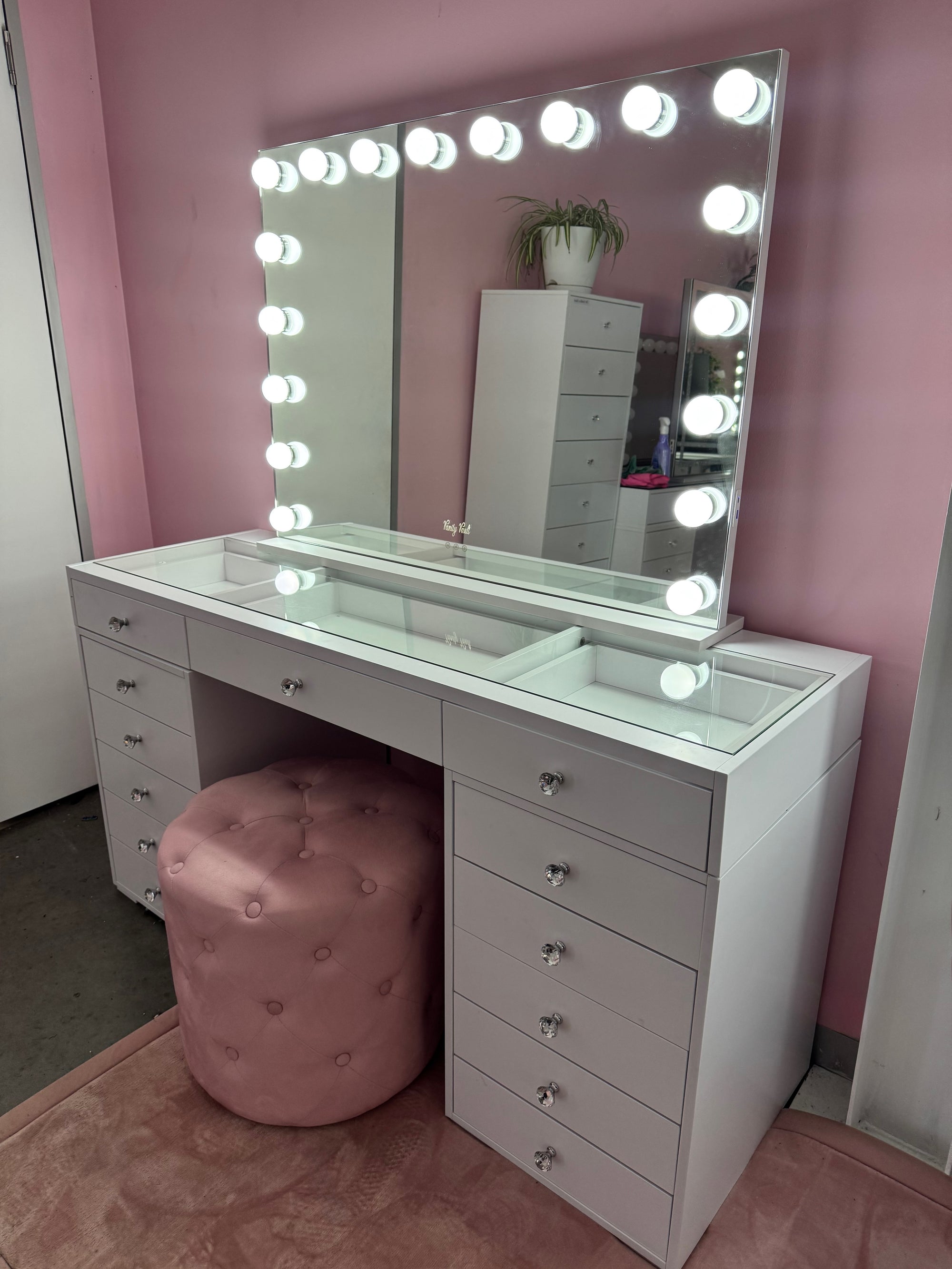 Complete makeup vanity package in Australia featuring the BabyFace Vanity, Luna Luxe Hollywood Mirror, Marshmellow Ottoman and generous drawer storage for luxury beauty spaces.
