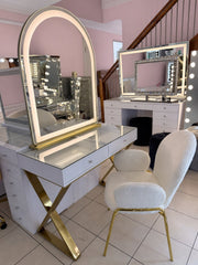 Complete white and gold beauty room package with a Halo Haven makeup vanity, Mini Aries illuminated mirror and Candy Cloud Lounge Chair for a luxurious makeup station.