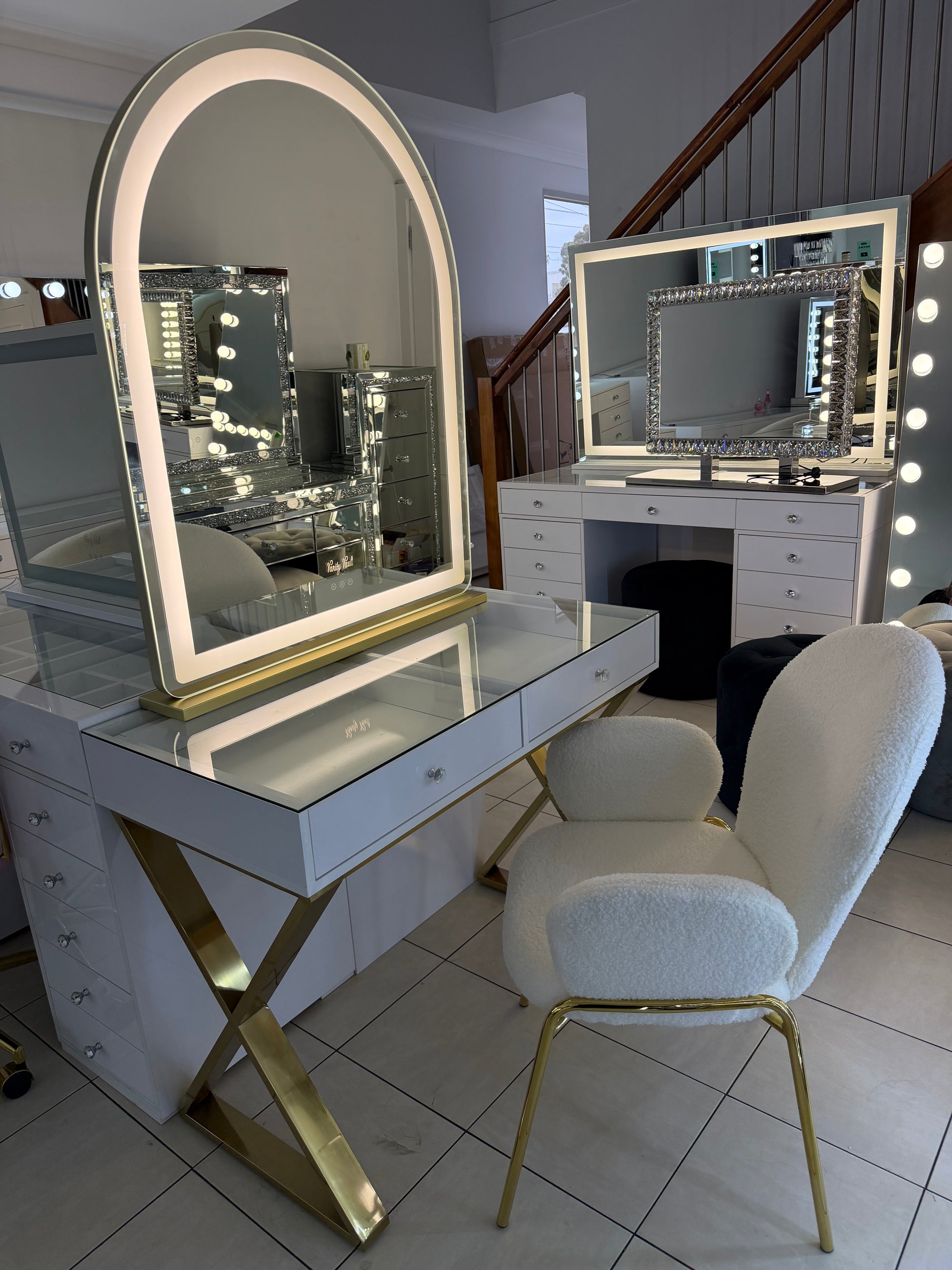 Complete white and gold beauty room package with a Halo Haven makeup vanity, Mini Aries illuminated mirror and Candy Cloud Lounge Chair for a luxurious makeup station.