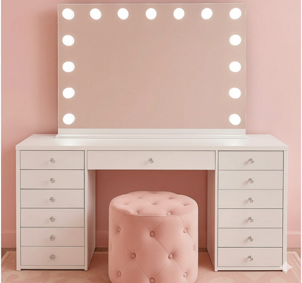 White Hollywood makeup vanity package with the BabyFace Vanity, Luna Luxe LED mirror and matching Marshmellow Ottoman for stylish bedrooms and beauty spaces.