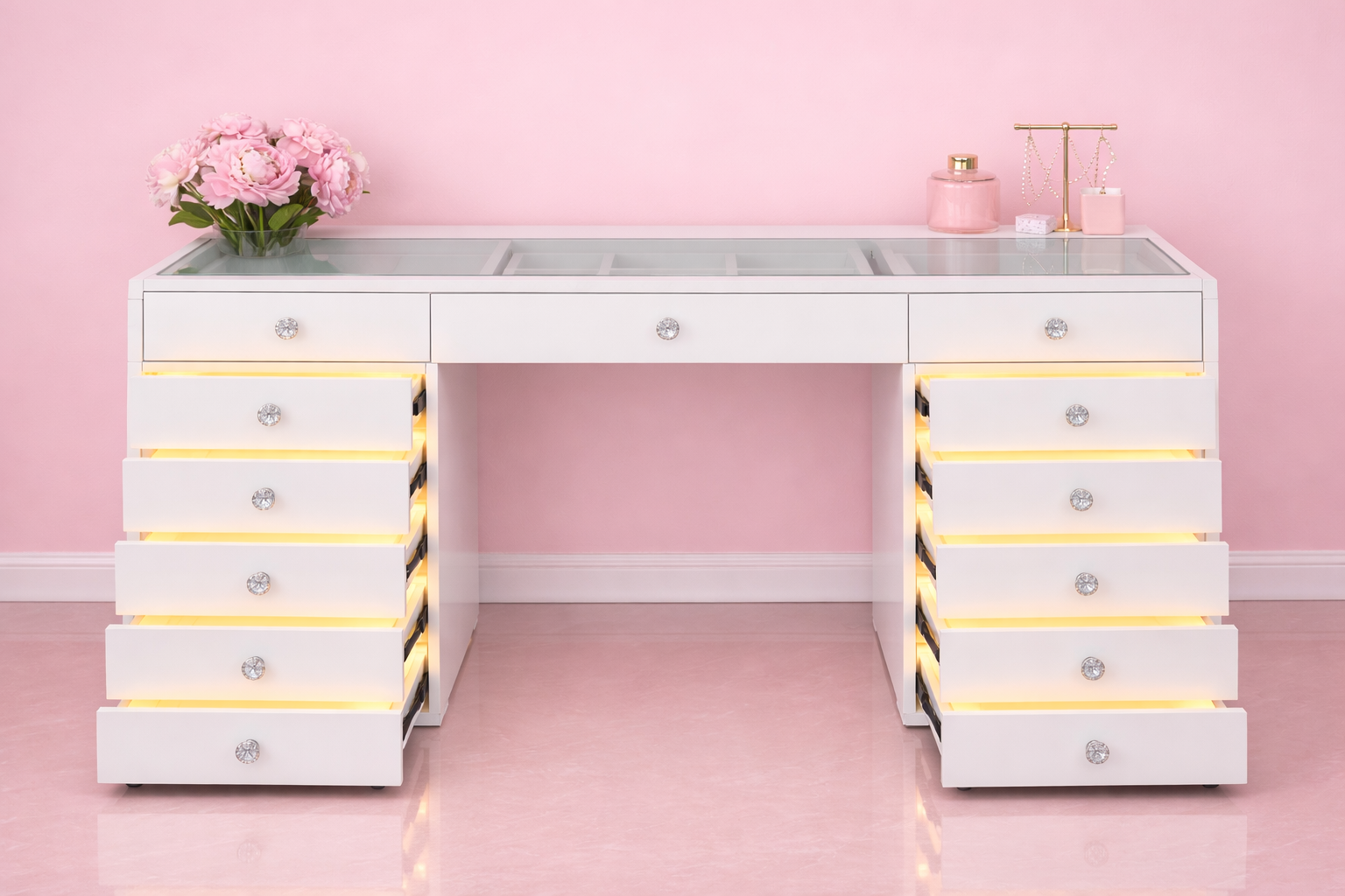 Deluxe Hollywood makeup vanity with a premium high-gloss finish, flush glass top, LED-lit drawers, crystal-style knobs and spacious storage for luxury beauty rooms, dressing tables and bedrooms by Vanity Vault.