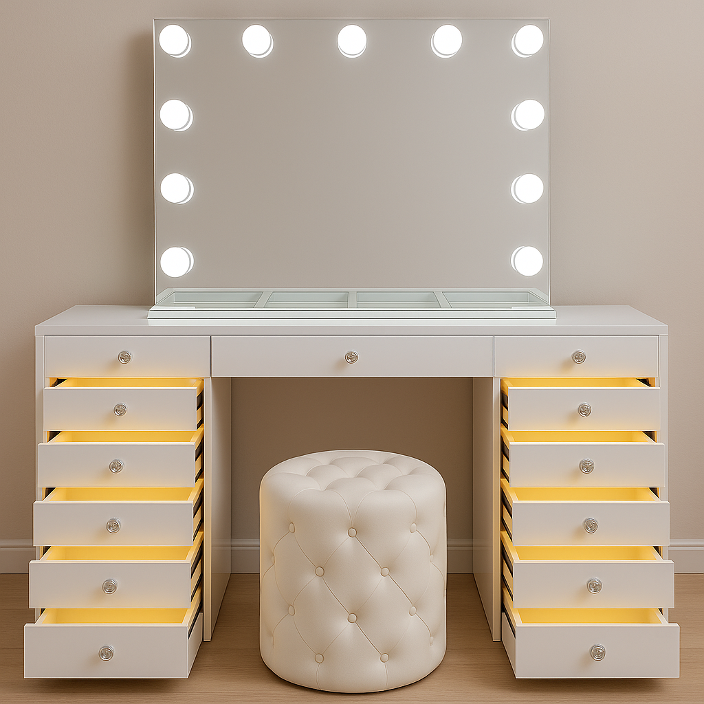 Deluxe Vanity Luna Luxe package featuring a high-gloss Deluxe Vanity with LED-lit drawers, Luna Luxe Hollywood Mirror and Marshmellow Ottoman for the ultimate beauty room setup by Vanity Vault.