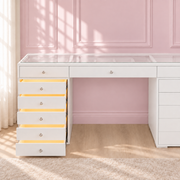 Designer Deluxe makeup vanity with LED-lit drawers, flush glass top, crystal-style knobs and a luxury high-gloss finish for elegant beauty rooms and dressing spaces.