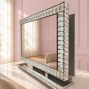 Diamond LED makeup mirror with a crystal-inspired frame, soft ambient lighting, adjustable brightness and three light colours for luxury beauty spaces and dressing tables.